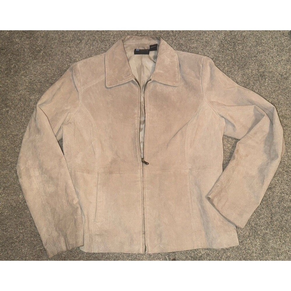 Women's Sz L Brown 100% Suede Leather Jacket Full Zip w Zip Pockets Relativity